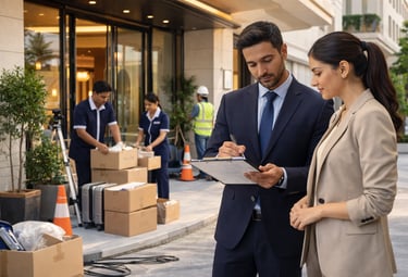 Indian hotel team reviewing setup outside hotel during pre-opening phase