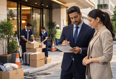 Indian hotel team reviewing setup outside hotel during pre-opening phase
