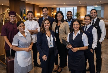 Brazilian hotel team representing multiple departments in hospitality operations
