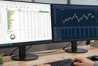 Close-up of hands typing on a calculator with financial documents spread out.