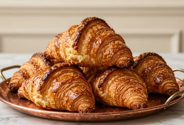 Detailed photography of golden-brown French croissants stacked on a copper tray. The pastry shows intricate, crispy layers and a buttery sheen. Warm, natural lighting in a sophisticated European French bakery setting with a cream background.