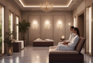 Serene spa room with candles and calming decor.