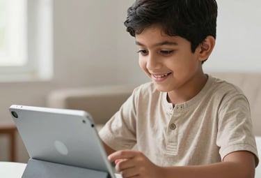 A South Asian / Pakistani child at home in a bright room, smiling while engaging with a tablet for online learning. The aesthetic is clean and high-quality.