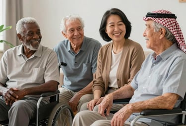 A peaceful exterior view of a muted blue-gray home surrounded by greenery on a calm day.