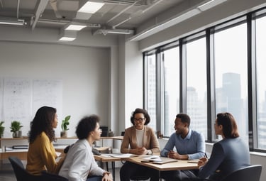 A friendly property manager discussing plans with a client in a warm, inviting office.