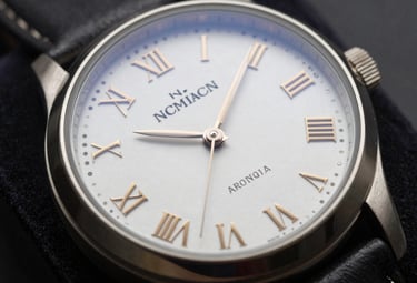 Detailed shot of a luxury watch face with Roman numerals on a dark velvet stand, sharp focus on the metallic hands, North American / US elegant composition, white and gold accents.