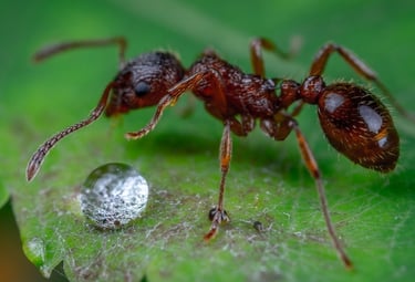 fire ant on leave with water droplet
