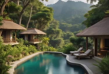 A peaceful resort pool area surrounded by tropical palms and modern architecture.