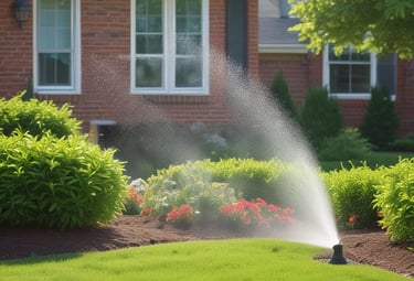 Close-up of a sprinkler head watering a vibrant green lawn on a sunny day.