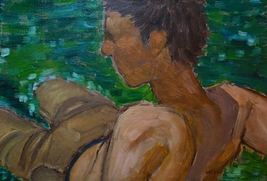 a loose, impressionistic painting of a young man sitting in the green water, titled "at the creek"