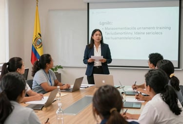 Trainer giving a workshop on data protection to attentive employees.