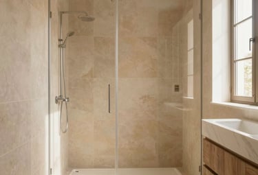 A serene spa bathroom featuring natural stone, soft lighting, and a freestanding tub.