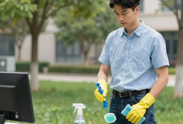 Close-up of a technician performing maintenance on an air conditioning system.