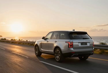 A luxury SUV driving on a highway near a South American / Brazilian coast during sunrise. The lighting is golden and warm, conveying a sense of freedom and security.