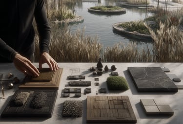 A stone garden path winding through blooming purple lavender and rocks at sunset.