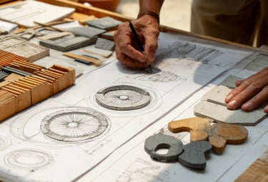 Architect sketching detailed circular building plans on a drafting table with wooden models and stone samples.