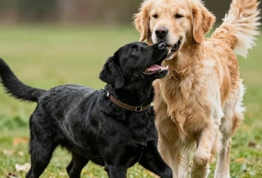 Sunny backyard with a happy dog playing on green grass.