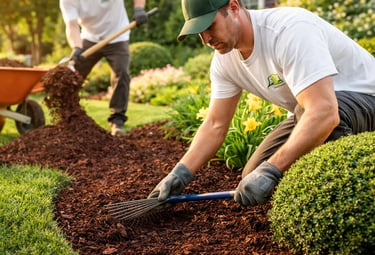 Evenly installed residential mulch showing proper depth and clean application for landscaping projec