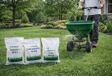 Lawn care professional in white shirt applying custom fertilizer with broadcast spreader on a health