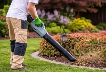 Professional landscaping worker using a leaf blower to clean grass clippings from garden