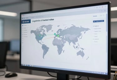 A close-up photograph of a digital logistics dashboard showing real-time global trade routes on a high-resolution screen in a sleek, medium grey office environment in the US.