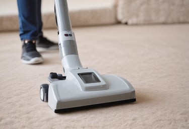 Close-up of a technician using a steam cleaner on a colorful area rug.