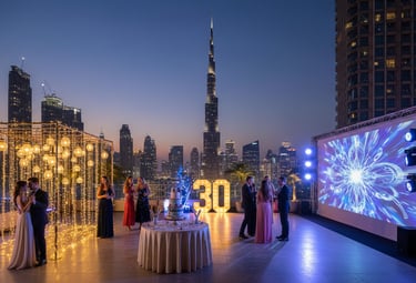 Luxury 30th birthday party on a Dubai rooftop overlooking the Burj Khalifa at night.