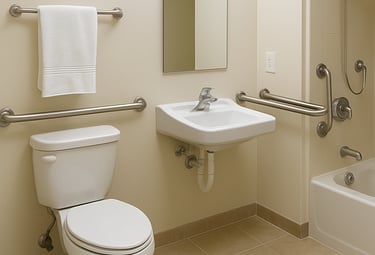 Skilled handyman installing safety rails in a senior's bathroom.