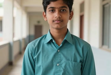 A South Asian Pakistani student in a smart teal school uniform looking confidently into the camera, bright school hallway background, soft natural lighting.