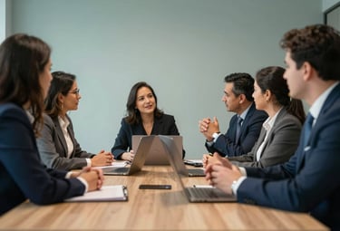 A group of South American professionals in a meeting room in Nova Friburgo participating in a corporate training session, dynamic interaction, soft teal and deep navy lighting.