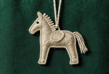 A macro photograph of a handmade textile horse charm. The fabric is a deep forest green with intricate cream-colored embroidery. The composition is centered, highlighting the texture of the weave and the delicate threads.
