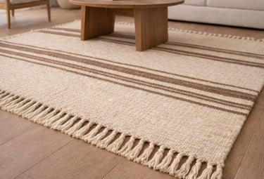 Alfombra tejida a mano de rayas neutras con flecos en un espacio de sala moderna y minimalista.