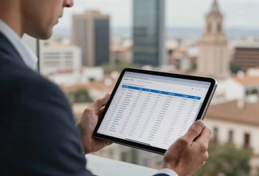 An investor in smart casual attire reviewing property market data on a high-end tablet, with a blurred view of a Spanish business district in the background. Sharp focus, professional lighting, Southern European / Spanish context.