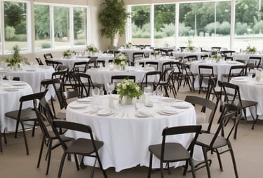 A rustic wooden table beautifully set up with tableware and linens for an outdoor party.