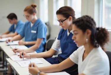 A group of homeschool students engaged in a healthcare pathway class.