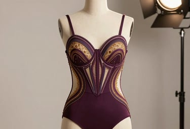 Professional studio photography of a high-end bodysuit with intricate detailing, displayed on a mannequin. Clean, warm off-white background with professional lighting typical of a European boutique. Colors include deep plum and golden sand accents.