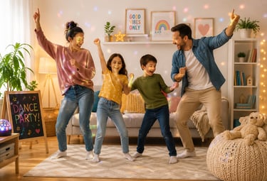 A family  having a indoor dance party. A perfect rainy day activity.