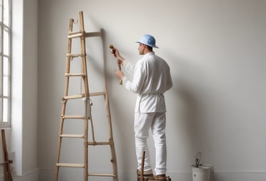 Close-up of a painter smoothing a wall surface with a trowel in a bright room.