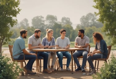 A group of friends sharing smiles and stories around a wooden table in a bright studio.