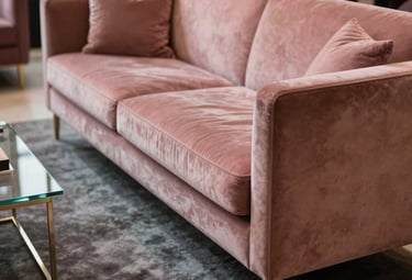 Photography of a luxury lounge area at a high-end North American private event. Features a velvet sofa in a dusty rose color with gold legs, a charcoal grey area rug, and minimalist glass side tables. The lighting is soft and inviting, showcasing refined elegance and high-quality textures.