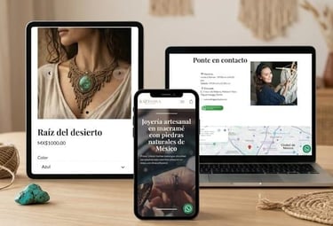 Sitio web Raíz Nativa joyería hecha a mano, visualizado en una laptop, tableta y celular.