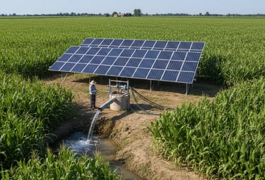 equipo de bombeo con paneles solares en un campo de cultivo