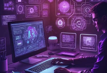 Hands typing on a laptop with code and automation workflows on screen.