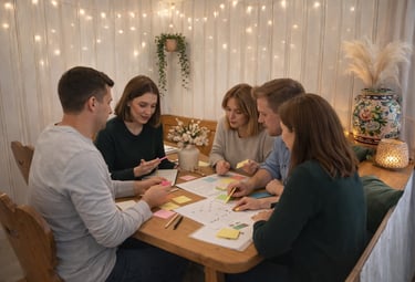 A group of people planning and discussing together at a table with sticky notes.