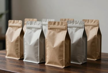A group of elegant, minimalist coffee bags standing on a dark wooden surface in a bright, modern studio in China. Professional soft lighting, emphasizing the medium brown and muted taupe colors.