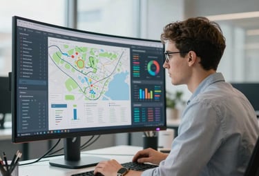 A focused shot of a young professional analyst in a modern office in Poland, examining detailed data visualizations and maps on a large curved monitor. The lighting is bright and contemporary, highlighting a clean workspace.