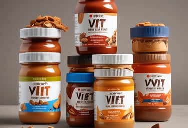 Three jars of peanut butter variants lined up on a green background.