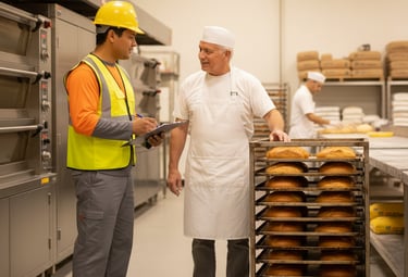 A safety inspector with a clipboard talking to a baker in a commercial kitchen near a bread cooling rack.
