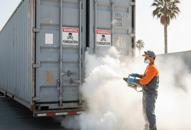 Professional pest control worker performing container fumigation using a thermal fogger machine on a shipping unit.