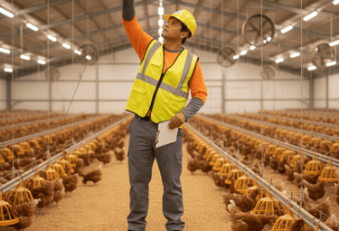 A worker in a yellow safety vest inspecting equipment at a modern poultry farm with rows of chickens.